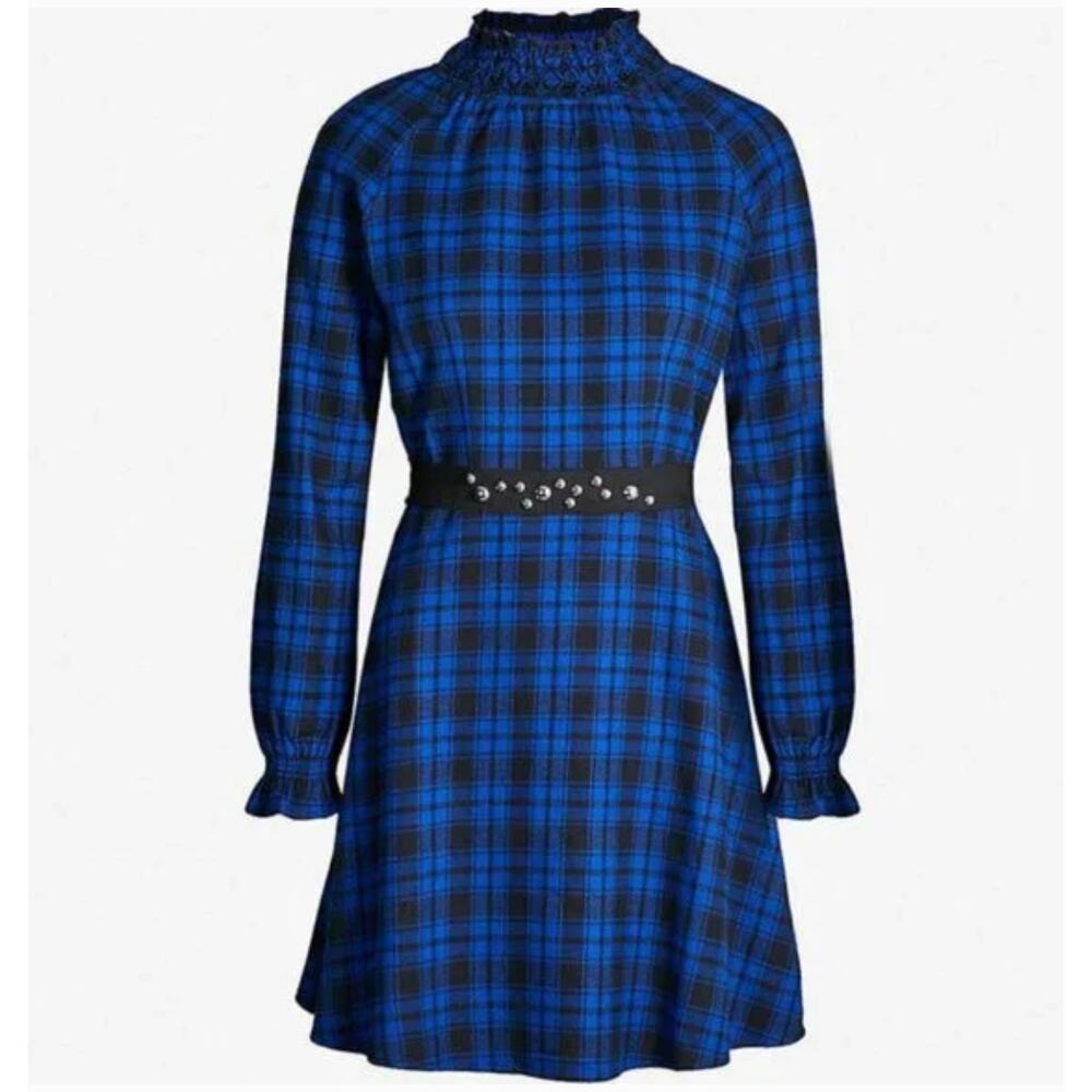 Maje Rivine Plaid A-line Mini Dress Blue‎ Black Check Studded Belt Sz 4 Holiday